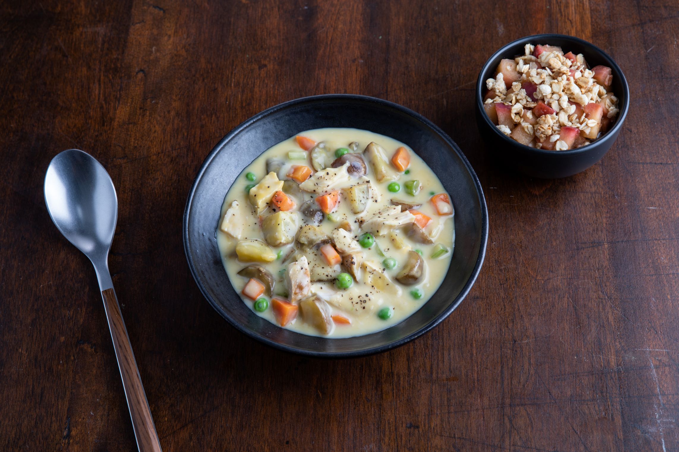 Chicken & Vegetable Pot Pie Soup and Fruit Crisp